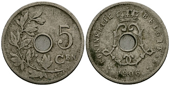Бельгия 5 сантимов 1906 Belgie, Леопольд II (1865-1909) KM 55 медно-никель 4173-141