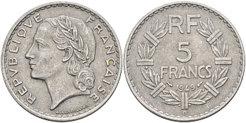 Франция 5 франков 1949 В, тип Лаврийе KM 888b.2, Le Franc 339.19 алюминий 4367-646