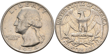 США 25 центов (квотер) 1974 Вашингтон KM 164a медь плакированная медно-никелем 4584-1035