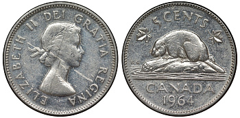 Канада 5 центов 1964 бобр, Елизавета II (1952-) KM 57 никель 4128-546