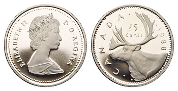 Канада 25 центов 1988 Елизавета II (1952-2022), олень KM 74 никель PROOF 413-4333