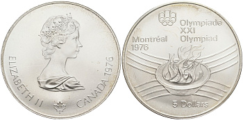 Канада 5 долларов 1975 XXI летние Олимпийские игры в Монреале 1976 года, Олимпийский огонь KM 110 серебро UNC 1525-513