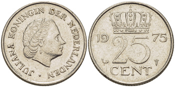 Нидерланды 25 центов 1975 Юлиана (1949-1980) KM 183 никель 3458-228