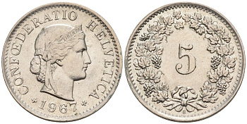 Швейцария 5 раппенов 1967 В KM 26 медно-никель 4564-964