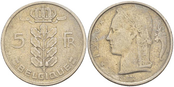 БЕЛЬГИЯ 5 ФРАНКОВ 1950 BELGIQUE, БОДУЭН I (1951-1993) KM 134.1 медно-никель 4546-315