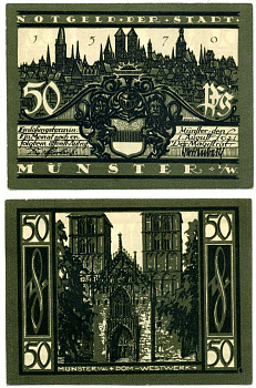 Германия, Мюнстер 50 пфеннигов 1921 1 августа 1921, нотгельд (номер 3, DOM-WESTWERK), земля Северный Рейн-вестфалия Grabowski 916.1 бумага 2195-44-1-2