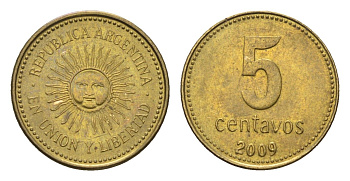 Аргентина 5 сентаво 2009 KM 109b сталь плакированная латунью UNC 4664-543