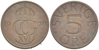 Швеция 5 эре 1979 U, Карл XVI Густав (1973- ) KM 849 бронза 3955-318