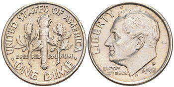 США 10 ЦЕНТОВ = 1 ДАЙМ 1998 P, РУЗВЕЛЬТ KM 195a медь плакированная медно-никелем 188-725