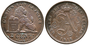 БЕЛЬГИЯ 2 САНТИМА 1912 BELGES KM 64 медь 4364-4113