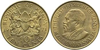 Кения 10 центов 1971 Джомо Кениата KM 11 никель латунь 4526-1122