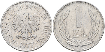 Польша 1 злотый 1977 MW KM 49.1 алюминий    4161-135