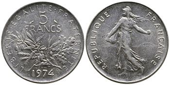 Франция 5 франков 1974 сеятель KM 926a.1, Le Franc 341.6 медно-никель плакированный никелем 4680-123