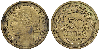 Франция 50 сантимов 1939 тип Morlon KM 894.1, Le Franc 192.15 алюминиевая бронза 4124-349