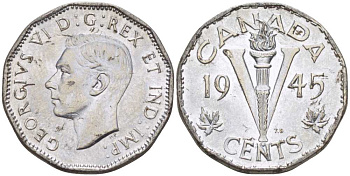 Канада 5 центов 1945 Георг VI (1937-1952) KM 40а сталь плакированная хромом 4385-1034