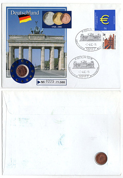 Германия 1 евроцент 2002 в конверте с маркой (КПД - Конверт первого дня Гашения) KM 207 сталь плакированная медью 9003-01