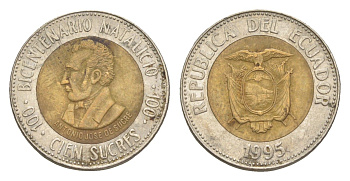 Эквадор 100 сукре 1995 200 лет со дня рождения Антонио Хосе де Сукре KM 96 биметалл 4613-229