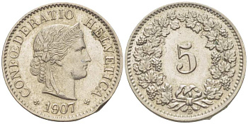 ШВЕЙЦАРИЯ 5 РАППЕНОВ 1907 В KM 26 медно-никель 3955-1125