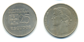 ПОРТУГАЛИЯ 25 ЭСКУДО 1977 ПЕРВЫЙ ГОД KM 607 медно-никель 86-1226