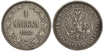 Россия для Финляндии 1 марка 1890 L, Александр III (1881-1894) KM 3.2, Биткин 230 серебро 413-4034