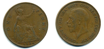 Великобритания 1 пенни 1936 Георг V (1910-1936) KM 838, Spink 4055 бронза 41-1237