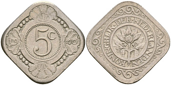 Нидерланды 5 центов 1940 Вильгельмина (1890-1948)  KM 153 медно-никель 4169-444