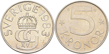 Швеция 5 крон 1983 Карл XVI Густав (1973- ) KM 853 медно-никель 4526-222