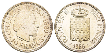 Монако 10 франков 1966 110 лет вступлению на престол Чарльза III KM 146 серебро UNC 413-4632