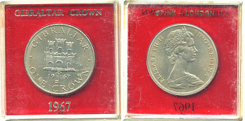 Гибралтар 1 крона 1967 Елизавета II (1952-2022), старый замок, в оригинальной пластиковой коробке, первый год чекана KM 4 медно-никель UNC 6-6-1-1