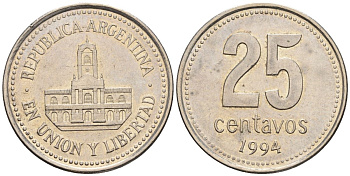 Аргентина 25 сентаво 1994 ратуша Буэнос-Айреса KM 110a, CJ 4.3.1, Schon 111a медно-никель    60-426