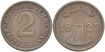 ГЕРМАНИЯ 2 РЕНТЕНПФЕННИГА 1923 J KM 31, J. 307 бронза 206-1159