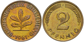ФРГ 2 пфеннига 1961 J KM 106, J.381 бронза aUNC 4576-857