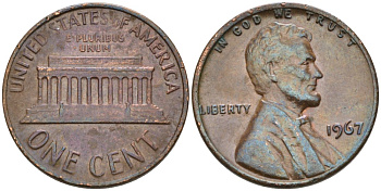 США 1 цент 1967 Линкольн KM 201 медь цинк 4564-444