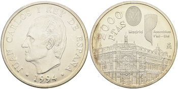 Испания 2000 песет 1994 Ассамблея Всемирного банка и МВФ в Мадриде, в банковской запайке KM 937 серебро UNC 1518-1044