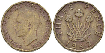 Великобритания 3 пенса 1942 Георг VI (1936-1952) KM 849, Spink 4112 никель латунь 212-931