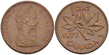 Канада 1 цент 1977 Елизавета II (1952-2022), кленовый лист KM 59.1 бронза 84-936