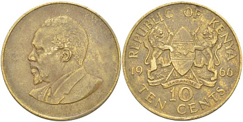 Кения 10 центов 1966 Джомо Кениата KM 2 никель латунь 4512-234