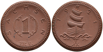 Саксония 1 марка 1921 парусник J. N 55 фарфор 1094-3-62