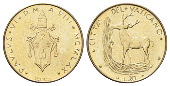 Ватикан 20 лир 1970 MCMLXX KM 120 алюминиевая бронза UNC 4701-519