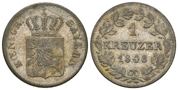 Бавария 1 крейцер 1848 Людвиг I (1825-1848) KM 422, AKS 88 серебро 4668-1219
