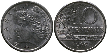 Бразилия 10 сентаво 1977 KM 578.1a, Schon 83b нержавеющая сталь 4577-1246