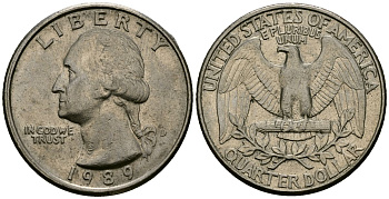 США 25 центов = квотер 1989 D KM 164a медь плакированный медно-никелем 4138-1022