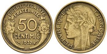 Франция 50 сантимов 1932 KM 894.1, Le Franc 192.15 алюминиевая бронза 4596-759