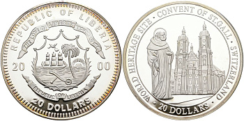 Либерия 20 долларов 2000 серия объекты всемирного наследия, монастырь святого Галла в Швейцарии серебро PROOF 11-155-23