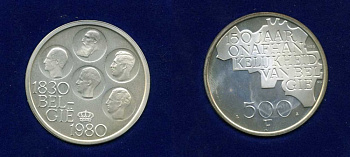Бельгия 500 франков 1980 150 лет независимости, Belgie, Бодуэн I (1951-1993) KM 162 медно-никель покрытый серебром UNC 6-5-1-18
