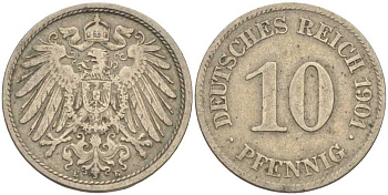 ГЕРМАНИЯ 10 ПФЕННИГОВ 1901 E KM 12, J. 13 медно-никель 4401-1224