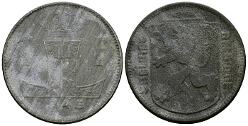 Бельгия 1 франк 1946 KM 127 цинк 4177-1034