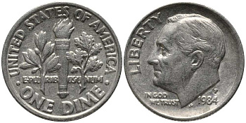 США 10 ЦЕНТОВ = 1 ДАЙМ 1984 Р, РУЗВЕЛЬТ KM 195а медь плакированная медно-никелем 112-653