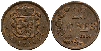 Люксембург 25 сантимов 1946 Шарлотта (1918-1964) KM 45 бронза 4115-1126