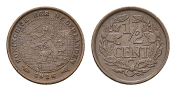 Нидерланды 1/2 цента 1936 Вильгельмина (1890-1948) KM 138 бронза 4674-1114